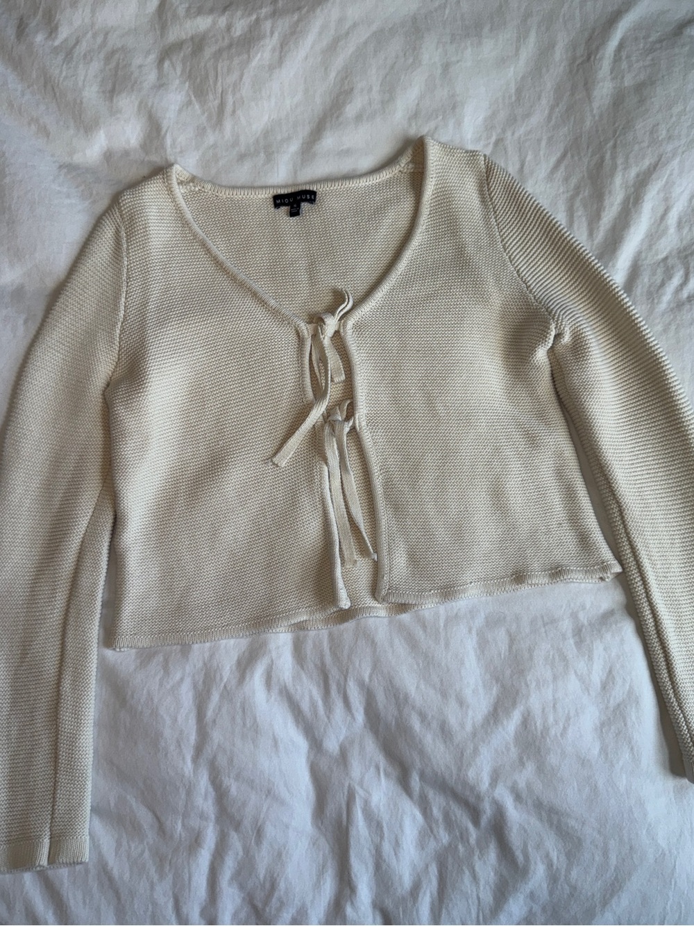 Cream Tie-Front Knit Sweater